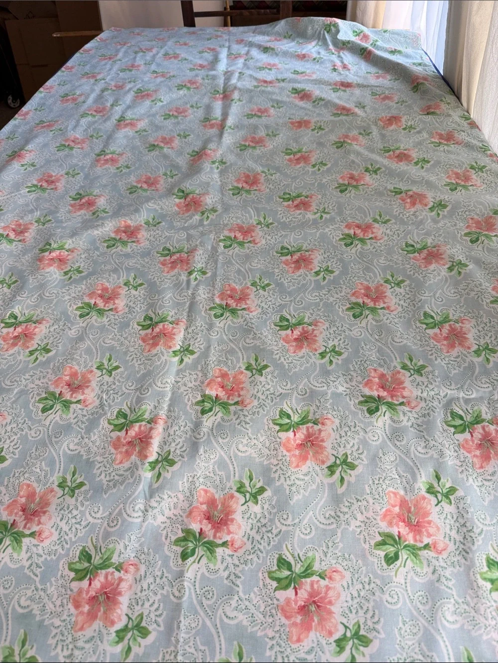 Vintage Blue Pink Floral Cotton Blend Fabric/Flat Sheet 2.5+ Yards x 72” Wide
